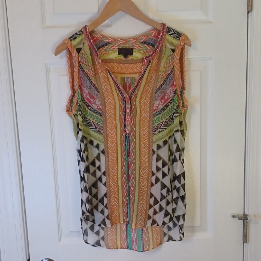 Hale Bob Geometric Multicolor Sleeveless Sheer Blouse